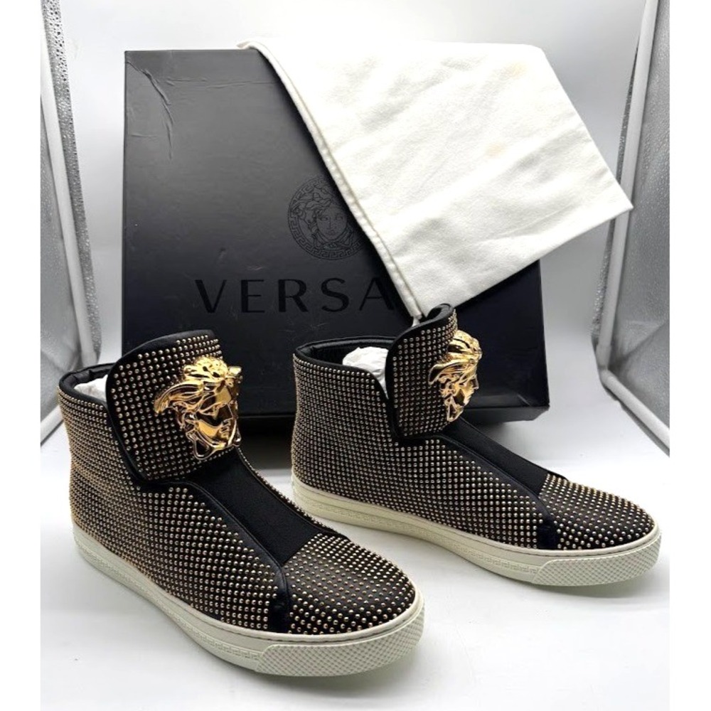 Versace Medusa Gold Studded High Top Sneakers Men IT 39.5 US 6.5 Black DSU5181